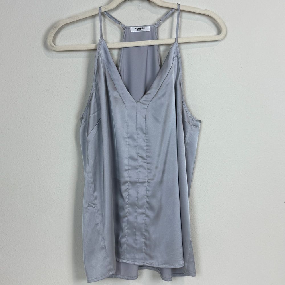 Zeagoo Grey Pleated Satin Cami Tank Top L